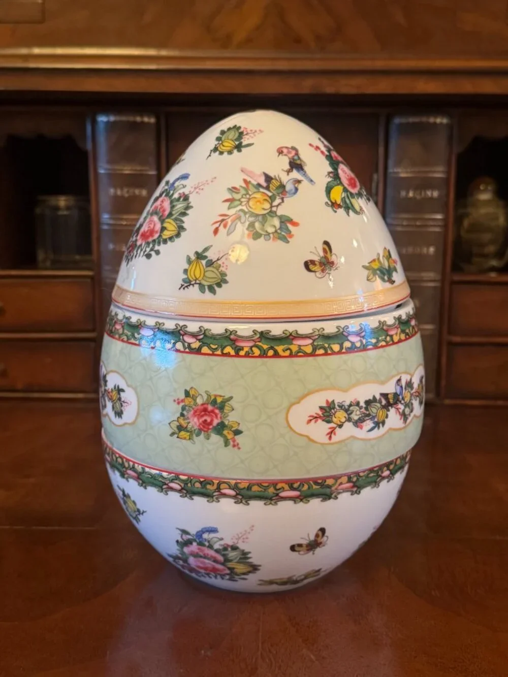 Williams Sonoma Porcelain Decorative Egg with Pastel Green and Floral Accents
